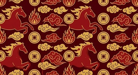Fototapeta premium Chinese New Year 2026 Fire Horse Seamless Luxury Pattern Vector