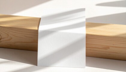 Elegant minimalist blank white vertical card mockup with natural sunlight and shadow on a clean wooden surface, perfect for design presentation or branding visualization