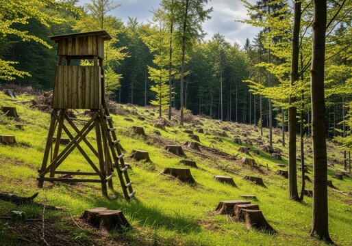 Wooden hunting blind on a grassy hill with tree stumps in a forest