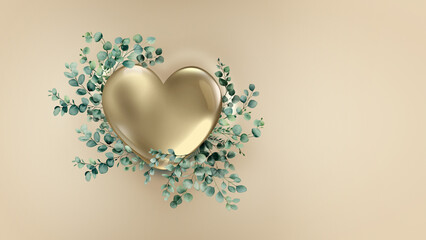 Eucalyptus Leaves Arranged Around a Golden Heart Shape