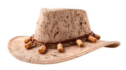 Traditional Akubra hat with corks hanging from the brim displayed in outdoor setting during bright daylight hours