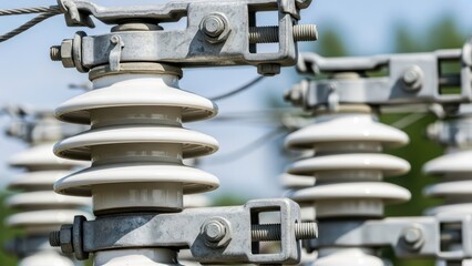 High voltage ceramic insulators on power transmission lines under clear blue sky