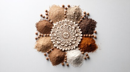 Skincare Exfoliation Ritual concept. Spices arranged in a decorative mandala pattern on a light background.