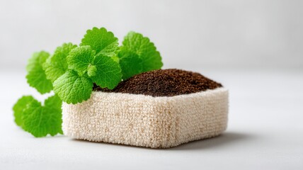 Skincare Exfoliation Ritual concept. Natural sponge with coffee grounds and mint leaves on a neutral background.