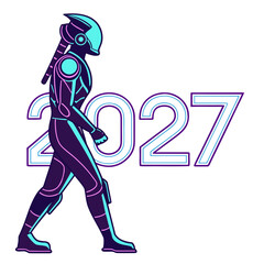 Fototapeta premium Futuristic robot walking 2027 neon blue purple