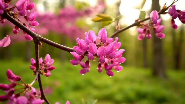 Close up view of vibrant pink flowers blooming on a tree branch with a peaceful forest backdrop