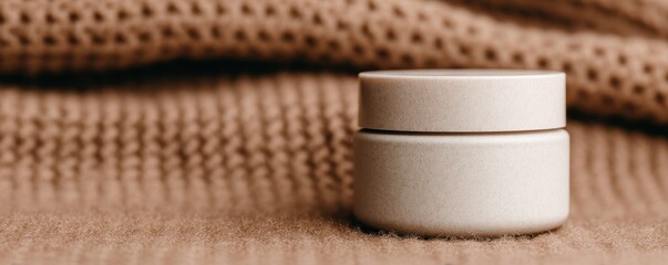 Skincare Exfoliation Ritual concept. Minimalist cosmetic jar on textured fabric background