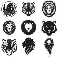 Bold Wild Cat Silhouettes &ndash; Lion, Tiger & Panther Vector Head Collection
