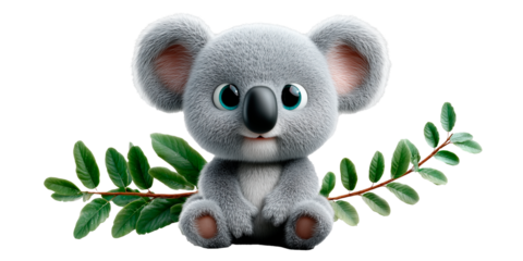 Cute koala sitting on a small branch with green leaves during a sunny day