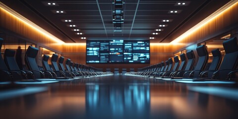 Modern conference room displaying charts and data for business meeting