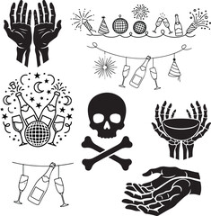 Party and Gothic Hands Clipart Disco Ball, Champagne, Skeleton Hands, Skull and Celebration Icons Bundle