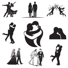 Romantic Couple and Wedding Silhouette SVG Bundle Hug, Kiss, Dance, Bride Groom Clipart