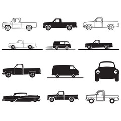 Vintage Pickup Truck and Van Silhouette Vector Set | Retro Car Illustrations