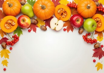 Autumn harvest assortment of pumpkins, apples, pears, and berries on a light background