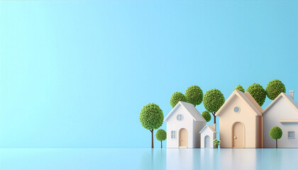 Clay style green neighborhood background with copy space, 3D sustainable housing and eco community