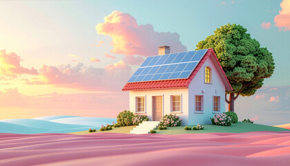 Clay style solar panel background with copy space, 3D renewable energy concept with solar power on sand