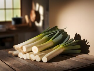 Freshly cut leeks on a rustic wooden surface, with natural light highlighting their texture