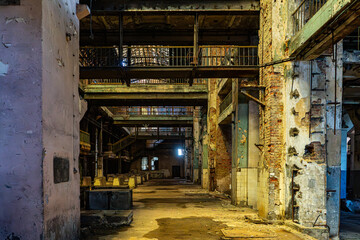 Large derelict factory hall interior perspective