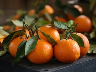 Freshly picked oranges with leaves still attached, displayed on a dark wooden surface