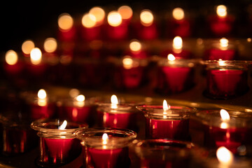Red Votive Candles Glow Warmly Dark Church