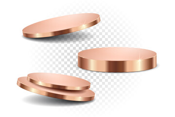 Realistic 3D Rose Gold Podium Vector. Luxury Metal Stage Platform for Shiny Pedestal Product Display Background
