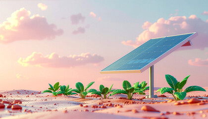 Clay style solar panel background with copy space, 3D renewable energy concept with solar power on sand
