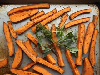 Sweet potato fries roasted in the oven with seasoning, shot on a baking sheet
