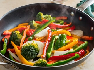 Vibrant stir-fry vegetables being saut&eacute;ed in a pan with steam rising