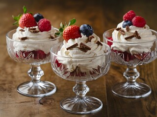 Whipped cream served with berries and chocolate shavings in elegant glass bowls