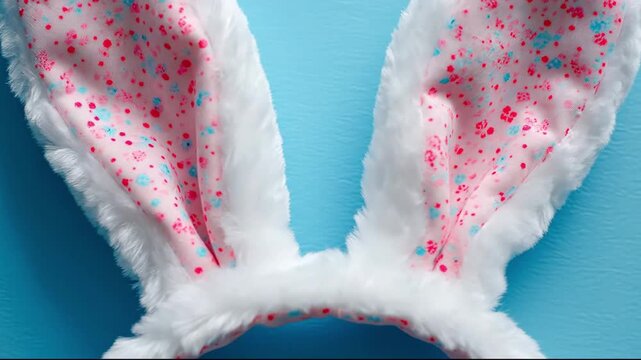 White fluffy Easter bunny ears headband with pink spotted pattern on blue background zooming in