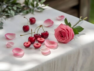 A flat-lay of cherries, a rose, and scattered petals on a crisp white linen tablecloth