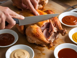 A hands-on shot of carving roasted chicken with several small plates of sauces nearby