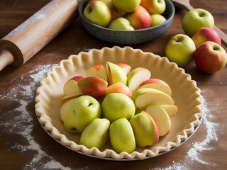 A rustic apple pie being prepared with flour, rolling pin, and scattered apples