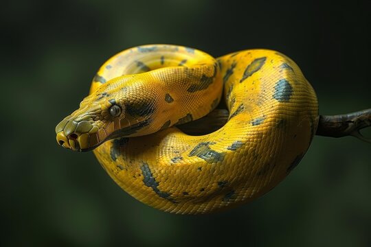 Close up of a yellow python snake resting on a branch, showcasing its vibrant scales and captivating eye