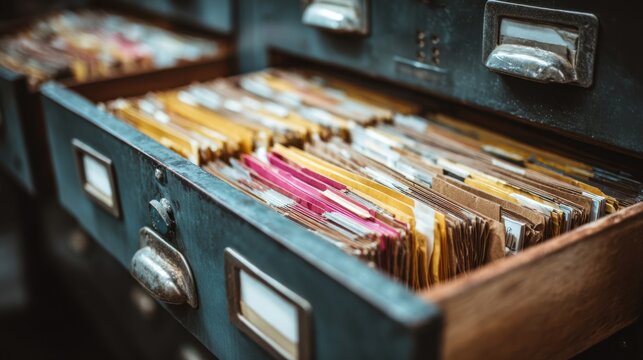 Medium shot of neatly organized paper files in a filing cabinet showcasing classic document storage for efficient case management in an office setting.