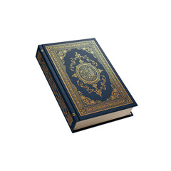Ornate Islamic Holy Book Quran in Dark Blue with Gold Embossing on White Background