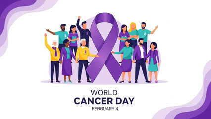 World cancer day illustration with diverse group of people and purple awareness ribbon on white background with purple accents with cancer awareness