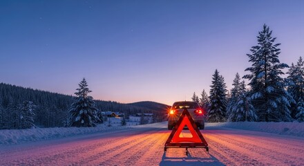 Car with warning triangle on snowy road at dusk in winter landscape