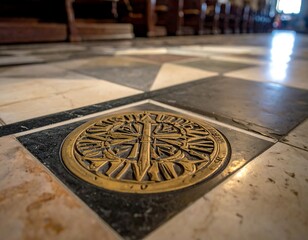 Low angle shot of ornate golden inlaid emblem, set in a marble floor with geometric patterned tiles, church interior