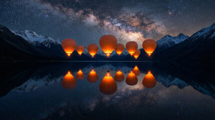 Surreal fantasy landscape with glowing hot air balloons floating over mountain lake at night. Milky way galaxy sky reflection in water