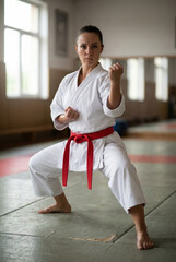 Female martial arts athlete in white kimono with red belt practicing karate in dojo. Woman fighter standing in combat pose