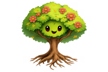 Happy cartoon tree mascot with wide smile and rosy flowers, showing nature, growth, and environmental care, transparent background for spring or summer themes