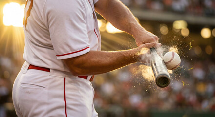 Close-up action shot of baseball player hitting ball with wooden bat. Sports dynamic moment with dust explosion and sunset light