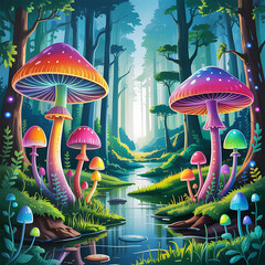 Colorful Fantasy Mushroom Forest at Sunrise