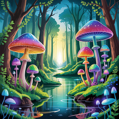 Dreamlike Enchanted Forest Mushroom Illustration