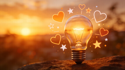 Glowing lightbulb with hearts and stars, symbolizing optimism and creativity in a bright, hopeful concept.