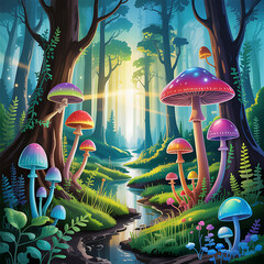 Fantasy Nature Scene with Glowing Mushrooms