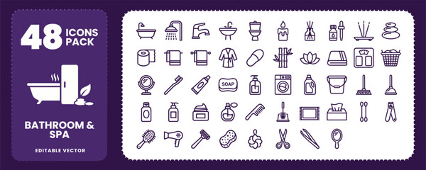 Bathroom and Spa Wellness Icons for Interior Design Layouts