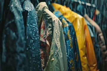 Waterproof jackets and raincoats hanging on a rack, getting wet during a rainy day, providing protection from the storm