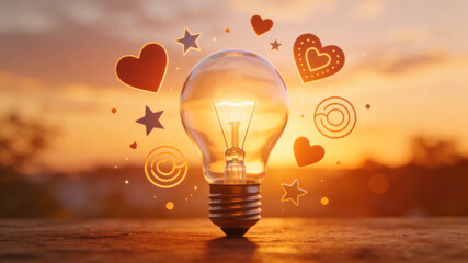 Glowing lightbulb with hearts and stars, symbolizing optimism and creativity in a bright, hopeful concept.